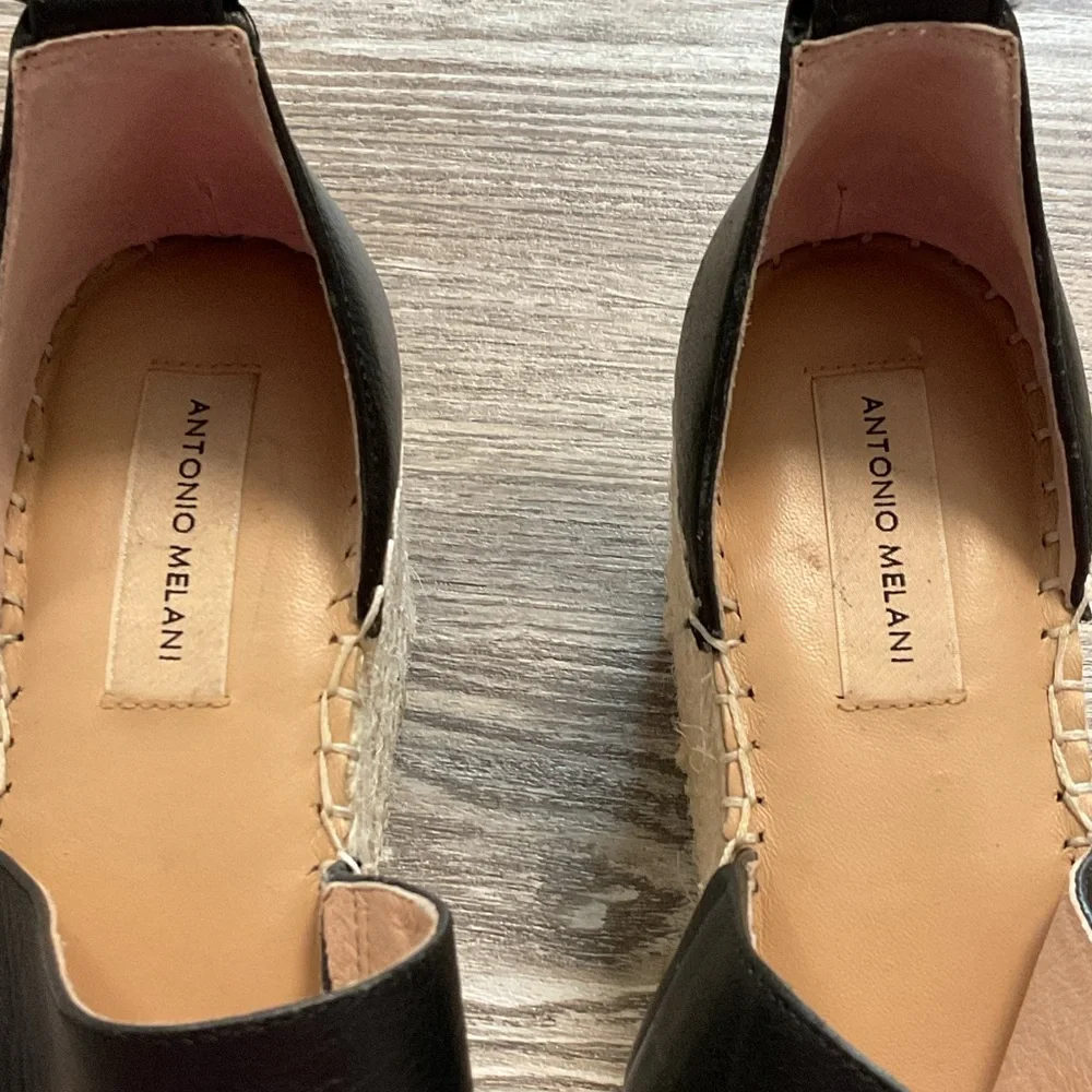 Antonio Melani Bayshore Leather Black Tan Strappy Wedge Platform Sandal 10